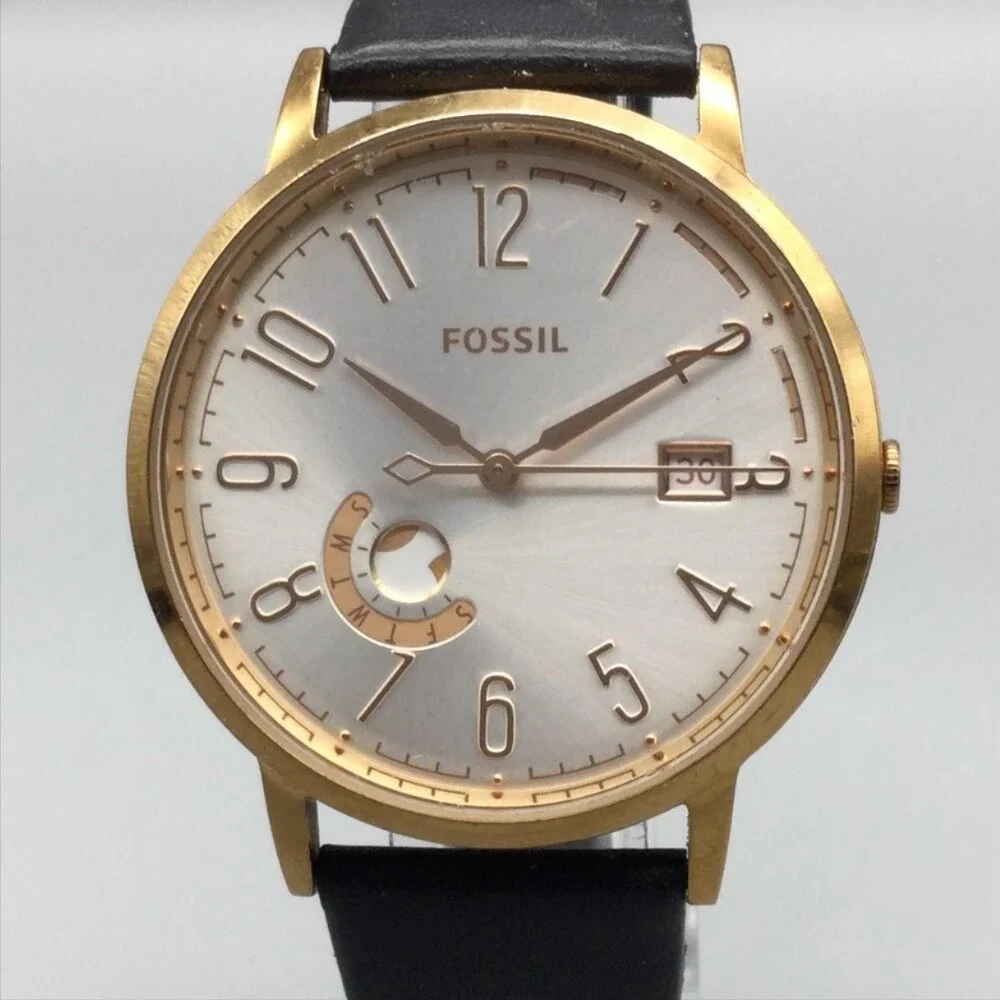 Fossil ES3751 Womens Watch 40mm Silver Gold Tone Black Leather Date New Battery